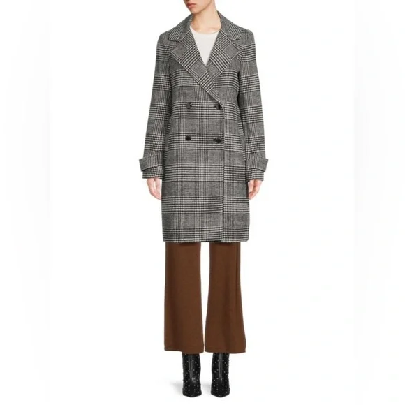 Elie Tahari / Wool Blend Black White Houndstooth plaiddouble breasted coat XS